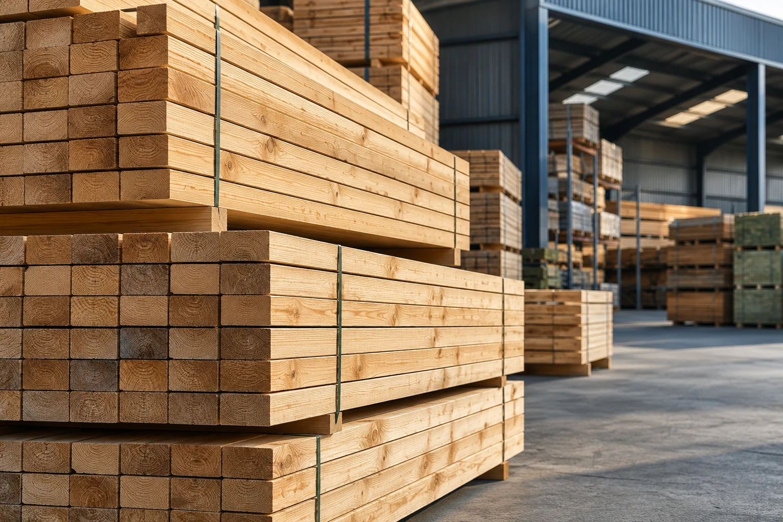Timber bundles stacked in a commercial materials yard